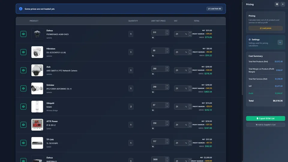 Pricing table listing each camera, switch and NVR with quantity, unit price, VAT and margin, and a cost summary with the project total