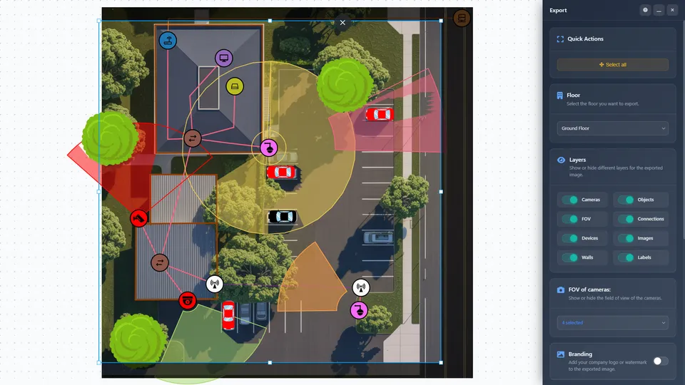 Export panel over a camera plan on a satellite map, with switches to include cameras, fields of view, connections, walls and labels